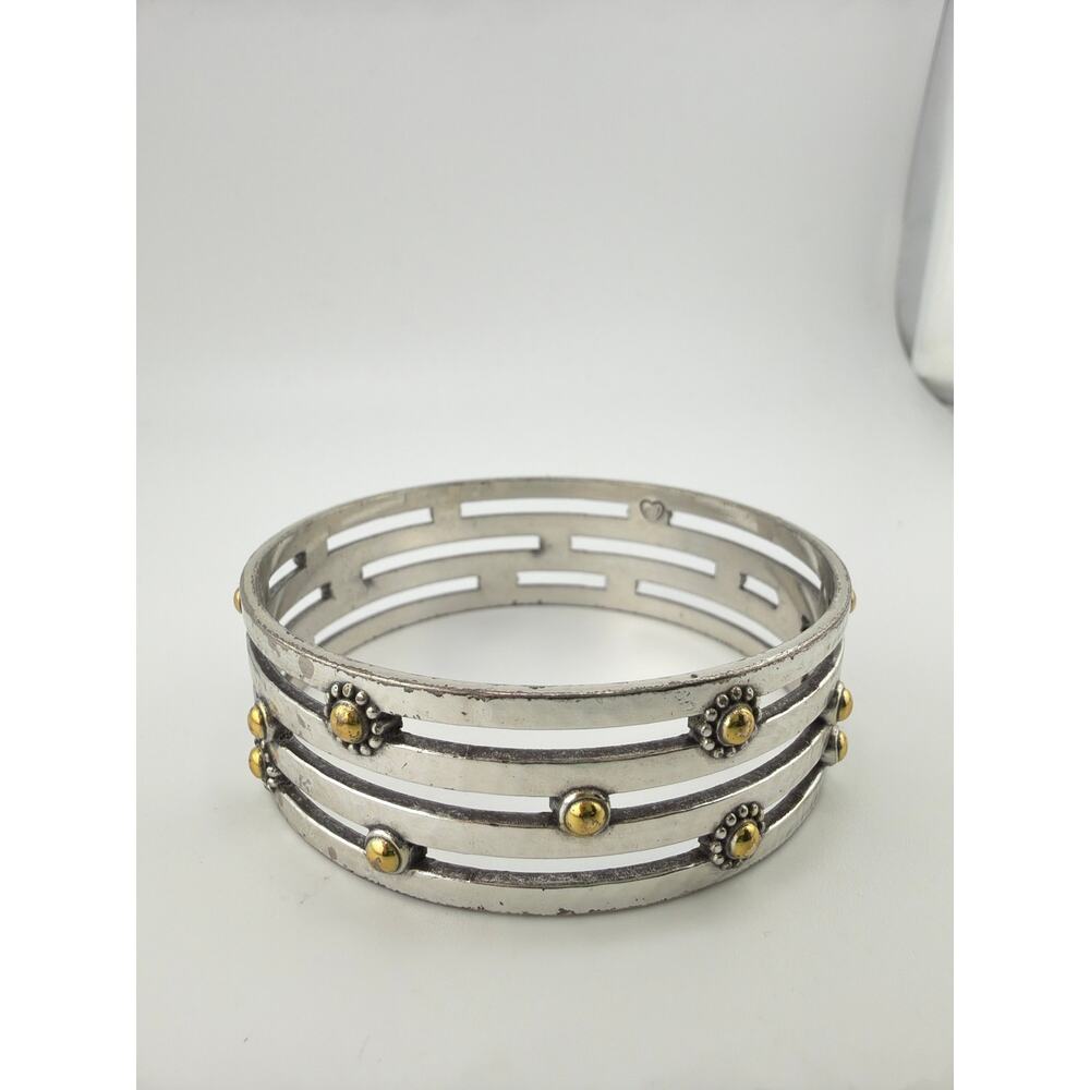 Brighton Vintage Floral Two Tone Hammered Wide Bangle Bracelet - Picture 3 of 4